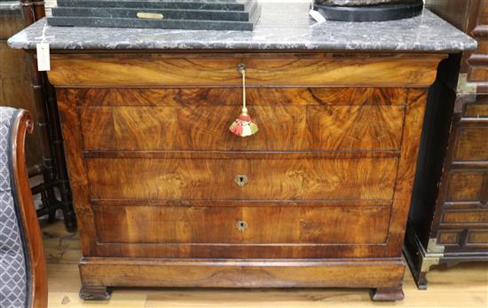 A mid 19th century French walnut marble topped commode W.130cm